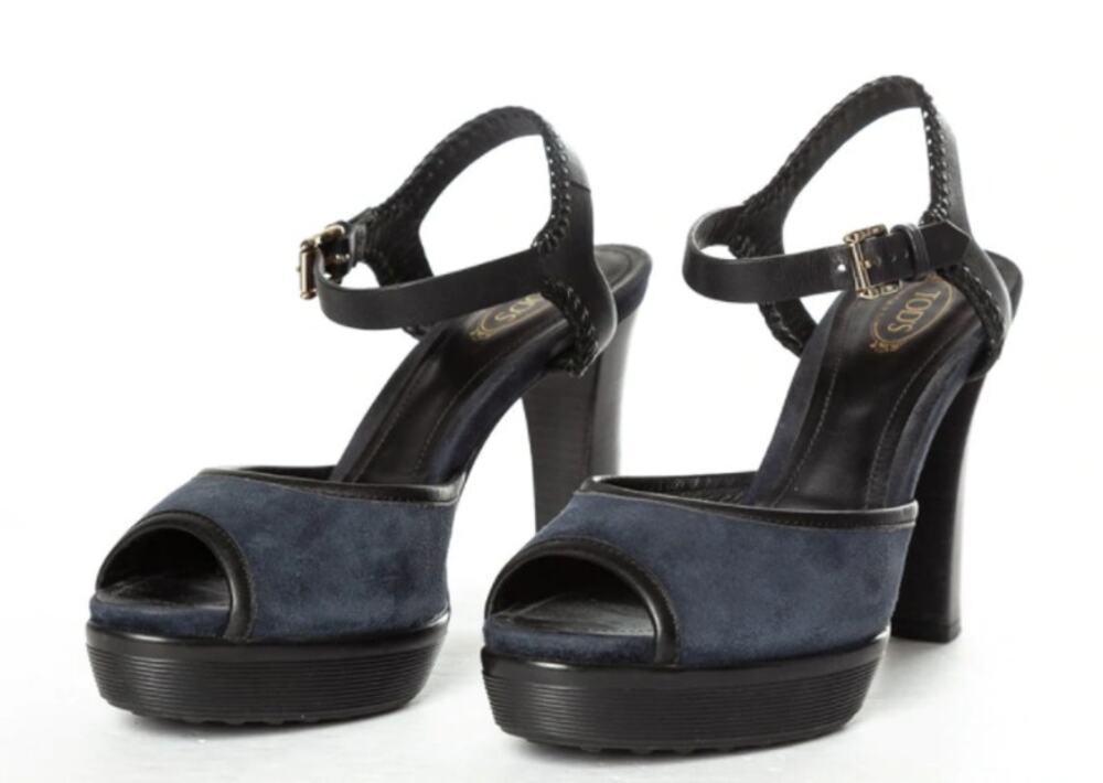 Tod's 39.5 Navy Suede Platform Sandal Whipstitch Ankle Strap